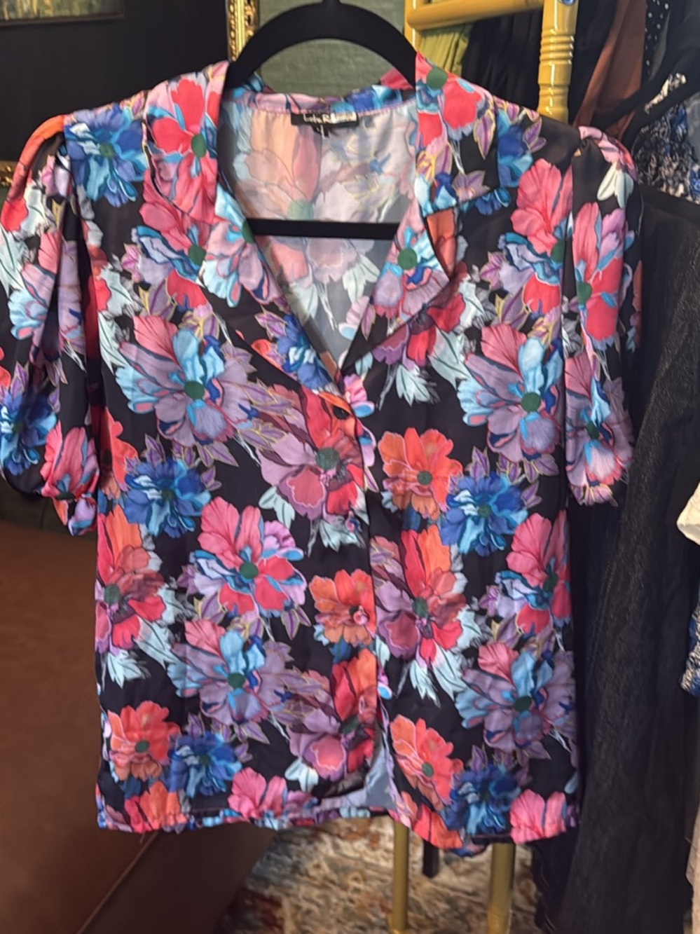 Vintage Floral Button-Down Top in Black, Pink, Blue, Purple
